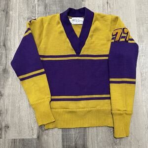 VTG 1977 Purple/Green Varsity Sweater Felt Star Logo Pull Over Striped Wool 70s